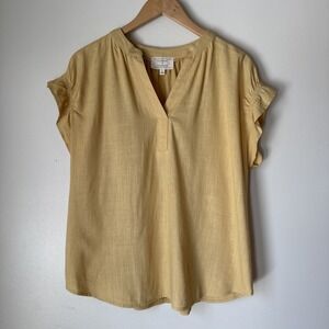 Flower And Feather Top Sleeveless Yellow Womens Size L Linen Peasant Ethereal